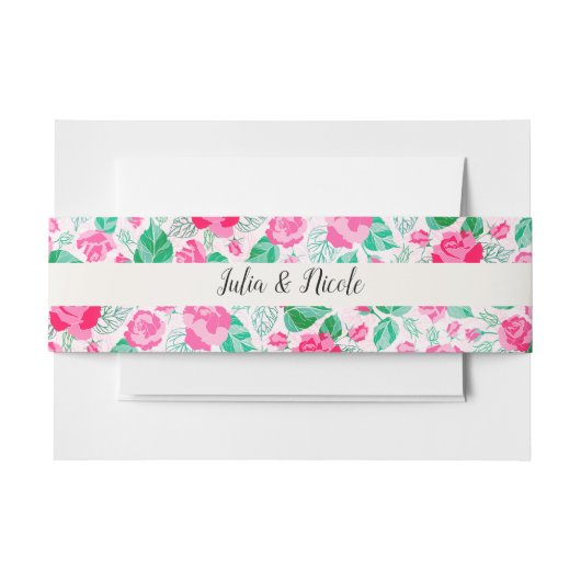 ピンクグリーンバラ花びらフラワーズ庭園の結婚式 招待状ベリーバンド (正面例)