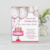 ピンクグリーンバルーンケーキガールズ4th誕生日パーティー 招待状 (スタンド正面)