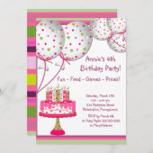 ピンクグリーンバルーンケーキガールズ4th誕生日パーティー 招待状 (正面/裏面)