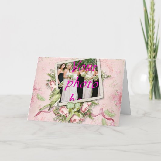 ピンクグリーンバードバラリボングリーティングカード カード (正面)