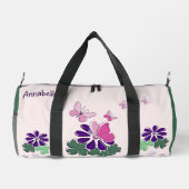 ピンクグリーンパープルドードル開花蝶のスローガン ダッフルバッグ (裏面)