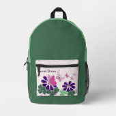 ピンクグリーンパープルドードル開花蝶のスローガン プリントバックパック (正面)