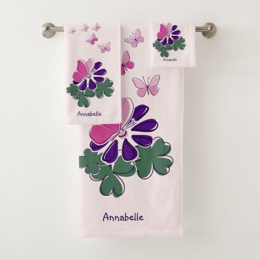ピンクグリーンパープルフラワーバタフライドードル名 バスタオルセット (インサイチュ)