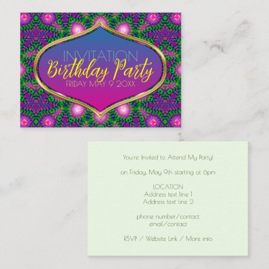ピンクグリーンパープル部族パターンパーティー招待状カード エンクロージャーカード (正面/裏面)