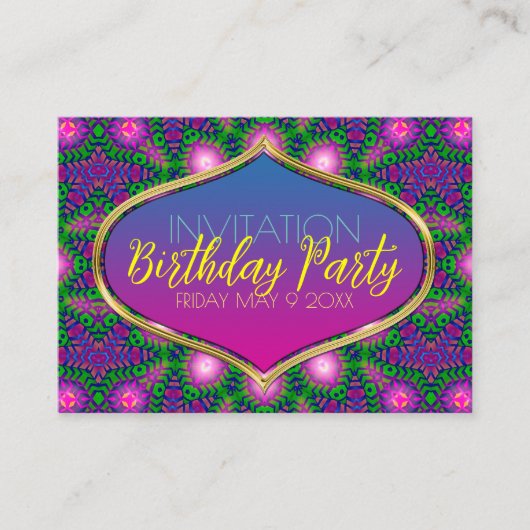 ピンクグリーンパープル部族パターンパーティー招待状カード エンクロージャーカード (正面)