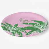 ピンクグリーンパームツリートロピカルブライダルシャワー名 ペーパープレート (アングル)