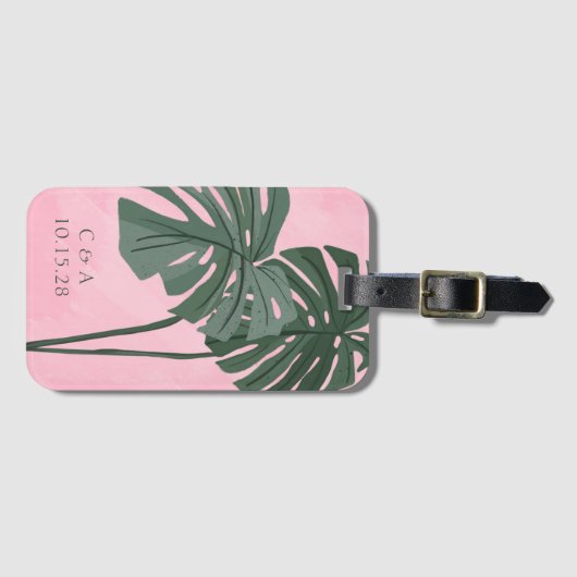 ピンクグリーンパームパーソナライズされたリーフ結婚のイニシャル ラゲッジタグ (正面横)
