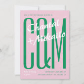 ピンクグリーンビッグモノグラムはっきりしたクリエイティブ結婚おもしろい 招待状 (正面)