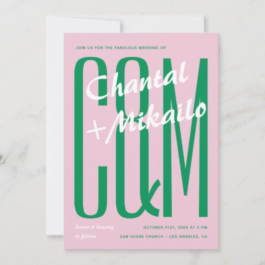 ピンクグリーンビッグモノグラムはっきりしたクリエイティブ結婚おもしろい 招待状 (正面)