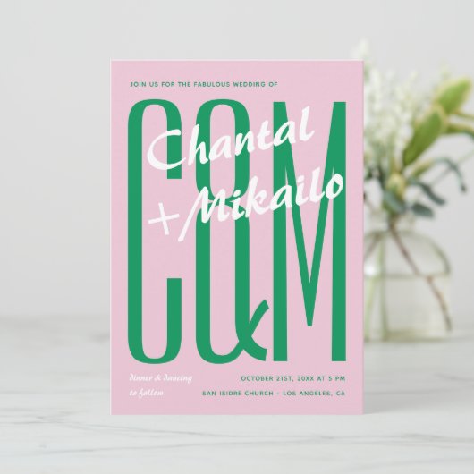 ピンクグリーンビッグモノグラムはっきりしたクリエイティブ結婚おもしろい 招待状 (スタンド正面)