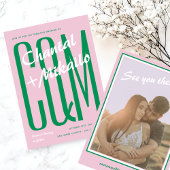 ピンクグリーンビッグモノグラムはっきりしたクリエイティブ結婚おもしろい 招待状