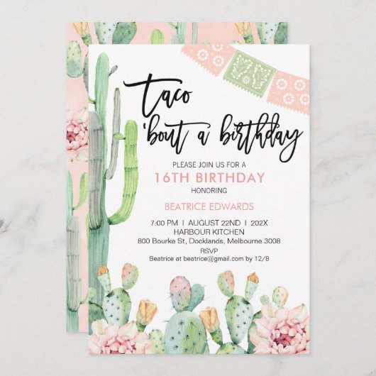 ピンクグリーンフィエスタタコブウ誕生日招待状 招待状 (正面/裏面)