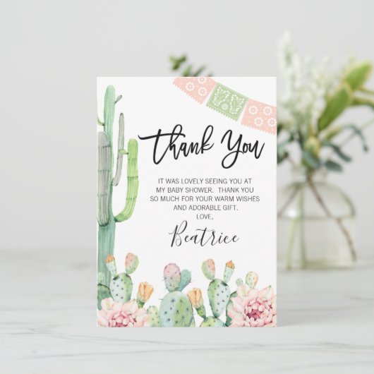 ピンクグリーンフィエスタベビーシャワーサンキューカード 招待状 (スタンド正面)