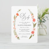 ピンクグリーンフラワーリースベビーシャワー招待状 招待状 (スタンド正面)