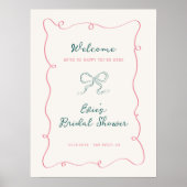 ピンクグリーンフレームリボンブライダルシャワーウェルカムサイン ポスター (正面)