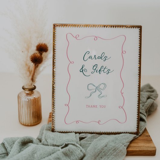 ピンクグリーンフレームリボンブライダルシャワーカードギフト ポスター