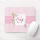 ピンクグリーンフローラとストライプモノグラムの マウスパッド (マウス)