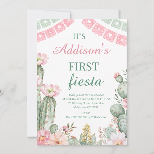 ピンクグリーンフローラサボテン最初のフィエスタ1番目の誕生日 招待状 (正面)
