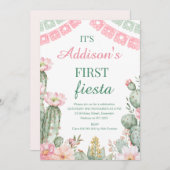 ピンクグリーンフローラサボテン最初のフィエスタ1番目の誕生日 招待状 (正面/裏面)