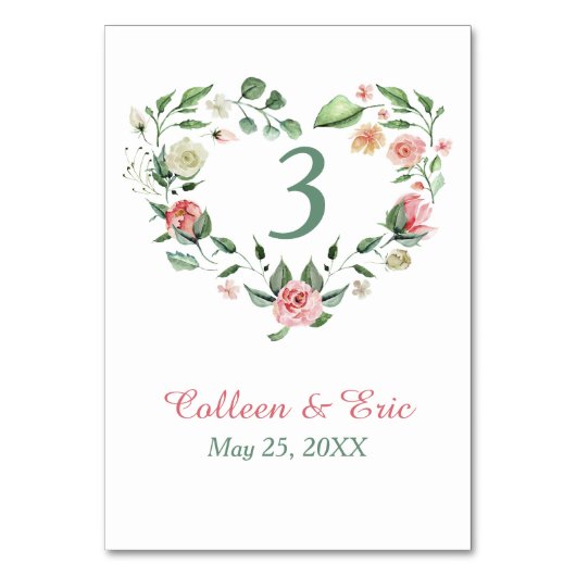 ピンクグリーンフローラハートリーステーブル番号カード テーブルナンバー (正面)