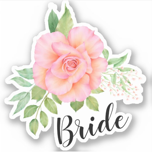 ピンクグリーンフローラブーケウォータカラーバラ花嫁 シール (正面)