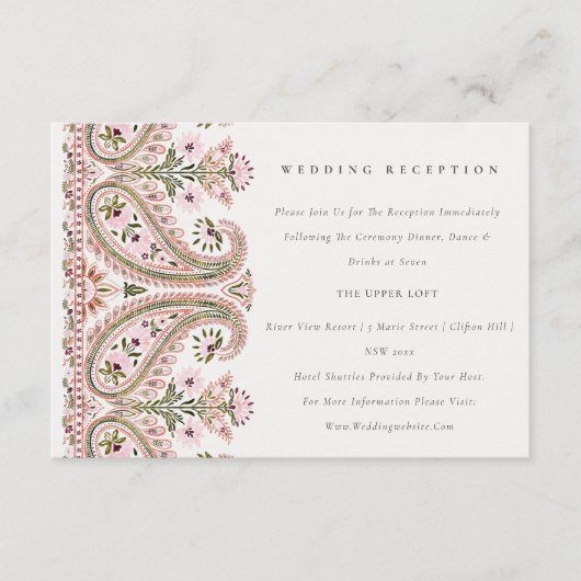 ピンクグリーンフローラペイズリーモチーフウェディングレセプション エンクロージャーカード (正面)