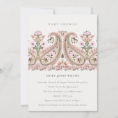 ピンクグリーンフローラペイズリーモチーフベビーシャワー招待状 サンキューカード (正面)