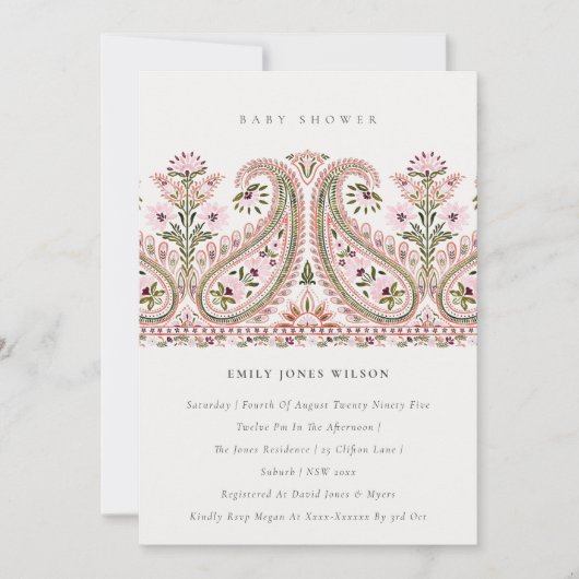 ピンクグリーンフローラペイズリーモチーフベビーシャワー招待状 サンキューカード (正面)