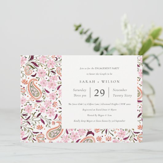 ピンクグリーンフローラペイズリーモチーフ婚約招待状 サンキューカード (スタンド正面)