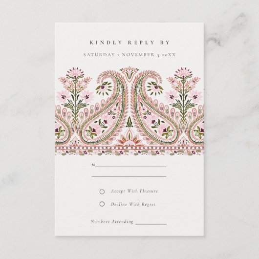 ピンクグリーンフローラペイズリーモチーフ結婚式RSVP エンクロージャーカード (正面)