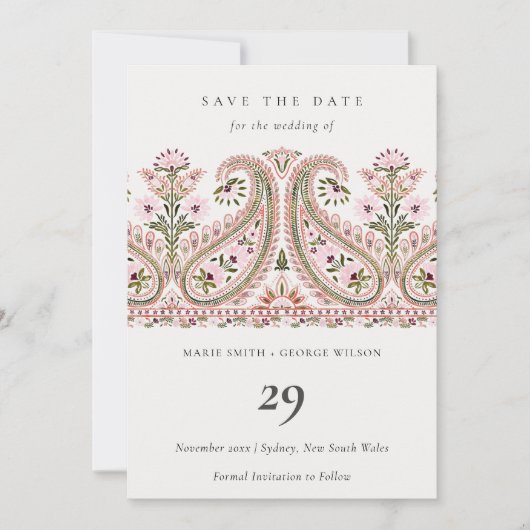 ピンクグリーンフローラペイズリーMotif日付カードを保存 サンキューカード (正面)