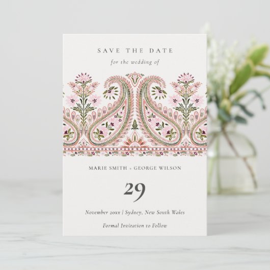 ピンクグリーンフローラペイズリーMotif日付カードを保存 サンキューカード (スタンド正面)