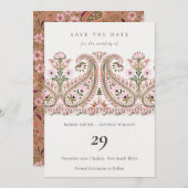 ピンクグリーンフローラペイズリーMotif日付カードを保存 サンキューカード (正面/裏面)