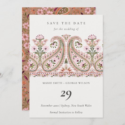 ピンクグリーンフローラペイズリーMotif日付カードを保存 サンキューカード (正面/裏面)