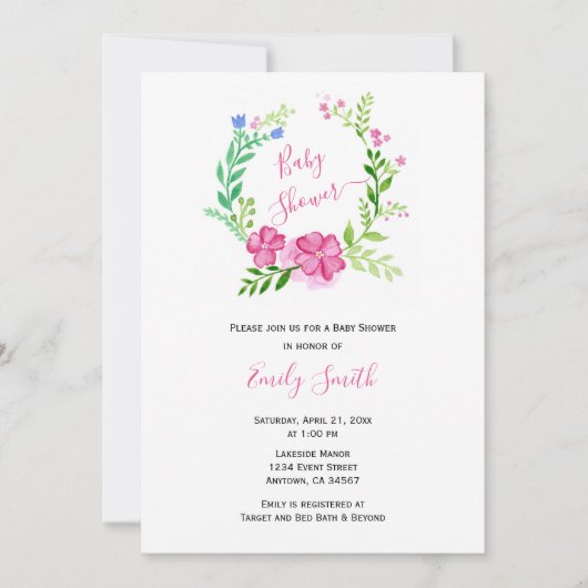 ピンクグリーンフローラ水彩 | 仮想ベビーシャワー 招待状 (正面)