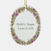 ピンクグリーンフローラ結婚の日付の設定 セラミックオーナメント (右)