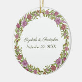 ピンクグリーンフローラ結婚の日付の設定 セラミックオーナメント (左)