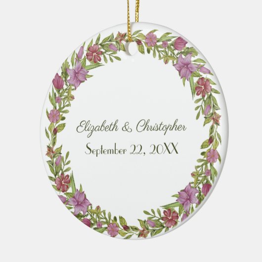 ピンクグリーンフローラ結婚の日付の設定 セラミックオーナメント (左)