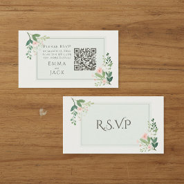 ピンクグリーンフローラ結婚式RSVP QRコード エンクロージャーカード
