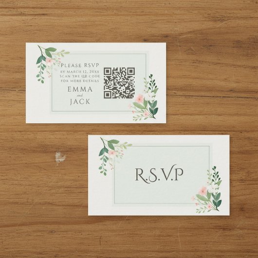 ピンクグリーンフローラ結婚式RSVP QRコード エンクロージャーカード