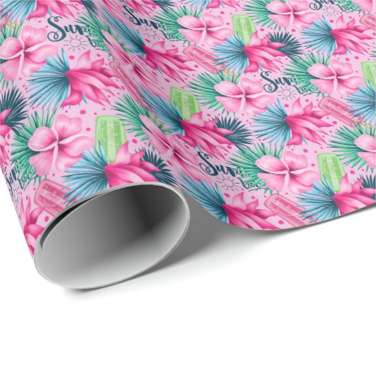 ピンクグリーンブルーフラワーズ誕生日ブライダルシャワー ラッピングペーパー (ロールコーナー)