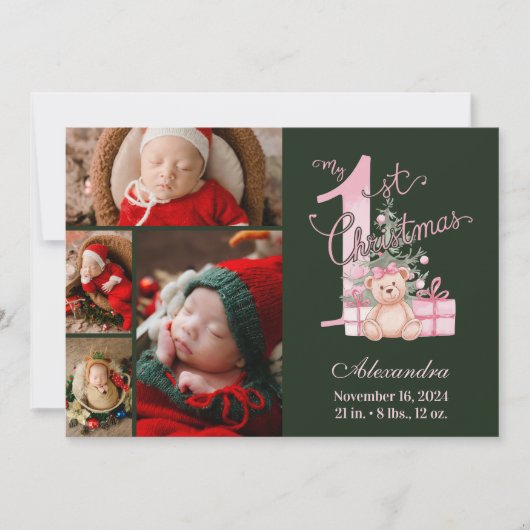 ピンクグリーンベビー初めてのクリスマス4写真 シーズンカード (正面)