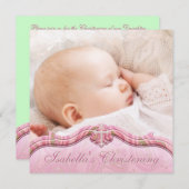 ピンクグリーンペイズリーベビーガールフォト《キリスト教》洗礼式や命名式 招待状 (正面/裏面)