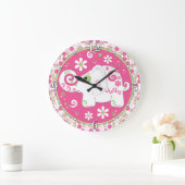 ピンクグリーンホワイトエレファントパーソナライズされたフローラ ラージ壁時計 (ホーム)