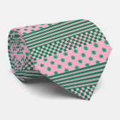 ピンクグリーンボーホチェックフローラストライプパターン ネクタイ (ロール)