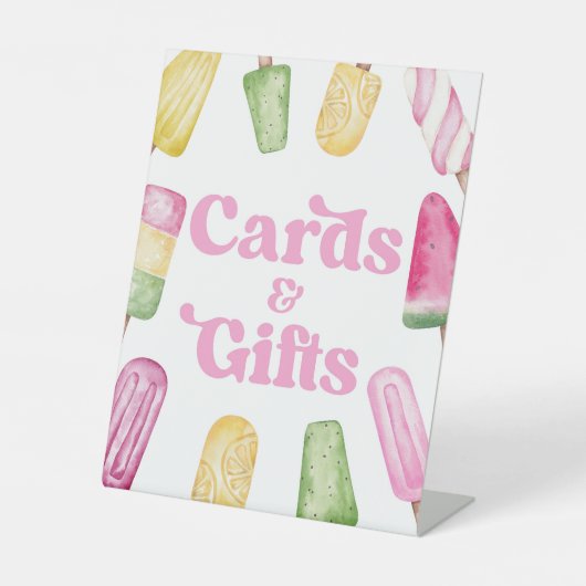 ピンクグリーンポプシクルパーティーカード&ギフトテーブルサイン 台座サイン (正面)