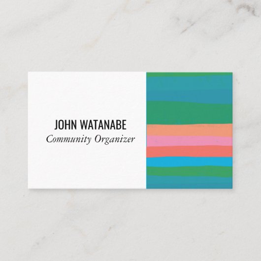 ピンクグリーンミニマリストストライプズハンドメイド 名刺 (正面)