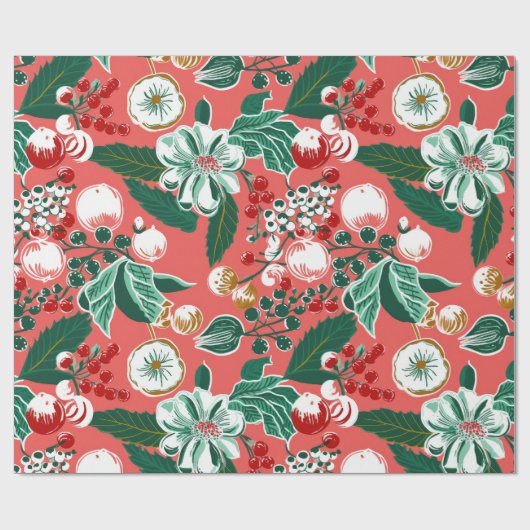 ピンクグリーンレトロフローラクリスマス ラッピングペーパー (フラット)