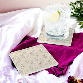 ピンクグリーンレトロY2K 70s花柄 ガラスコースター