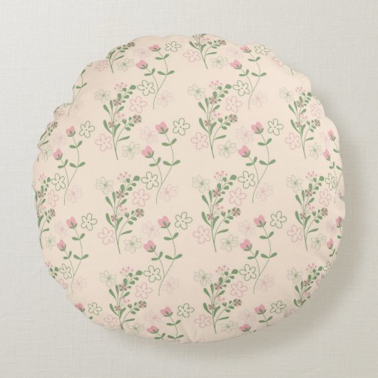 ピンクグリーンレトロY2K 70s花柄 ラウンドクッション (正面)